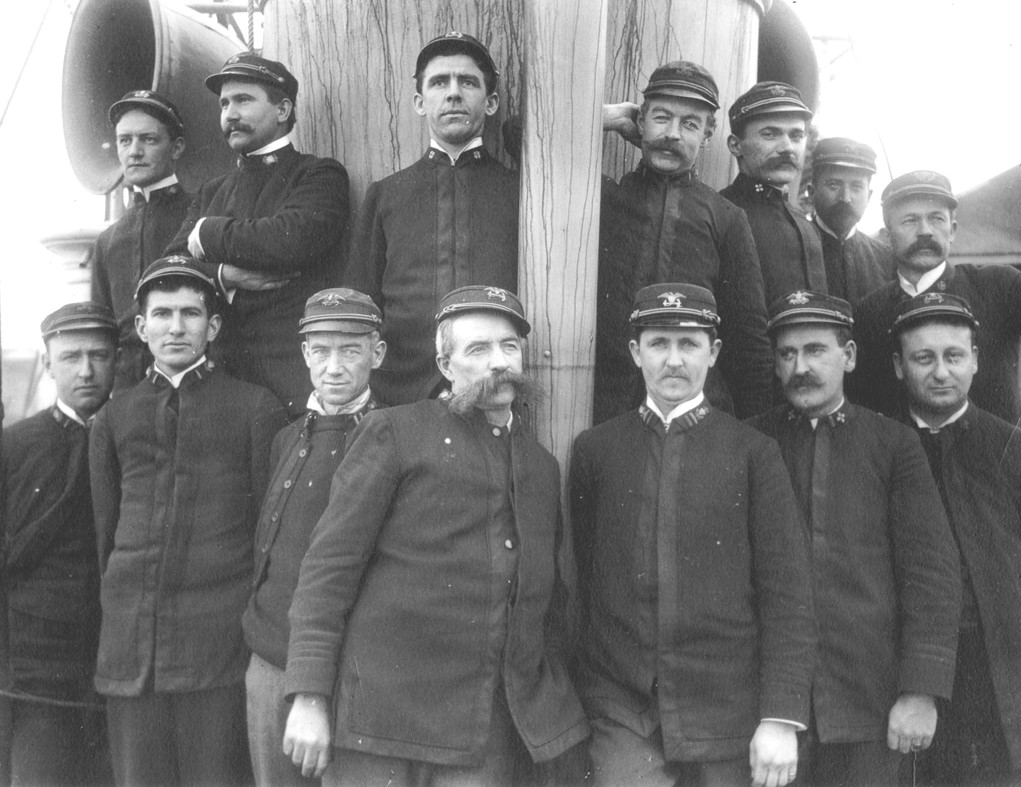 Bear officers, including Second Lt. Ellsworth Bertholf (front row far left), First Lt. David Jarvis (front row third from left), Captain Francis Tuttle (center), and U.S. Public Health Service Surgeon Samuel J. Call (back row far right). (U.S. Coast Guard photo) Bear officers, including Second Lt. Ellsworth Bertholf (front row far left), First Lt. David Jarvis (front row third from left), Captain Francis Tuttle (center), and U.S. Public Health Service Surgeon Samuel J. Call (back row far right). (U.S. Coast Guard photo)